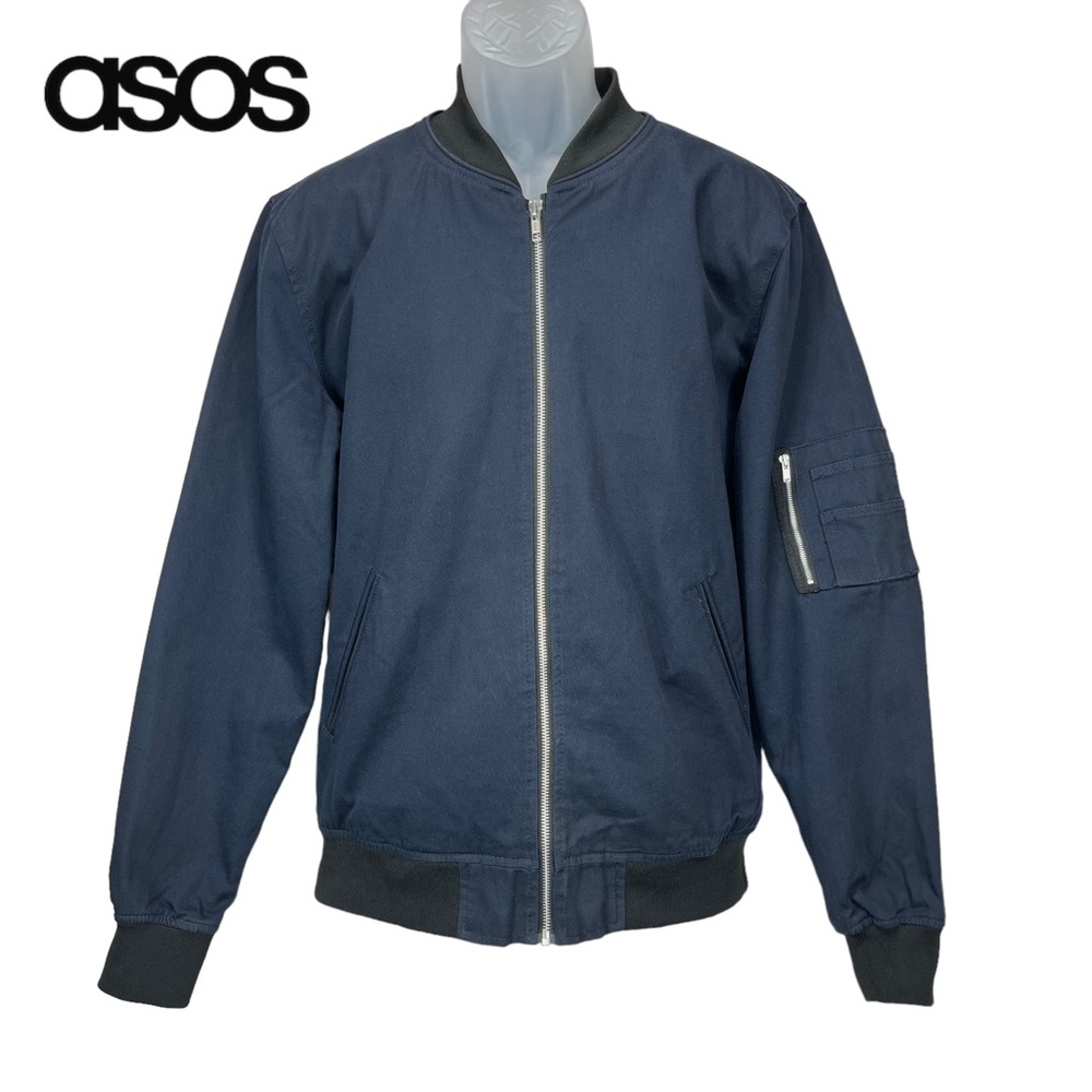 ASOS Men’s L Navy Blue Bomber Jacket‎ Zip Pocket Lightweight Streetwear